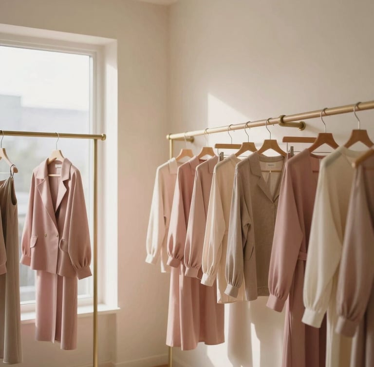 A warm, minimal boutique interior with cream-colored walls, elegant wooden clothing racks displaying soft pink and beige garments, soft morning window light, shallow depth of field, 35mm