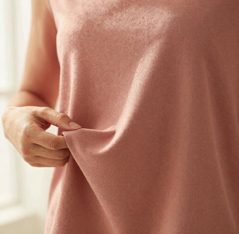 Close-up fabric texture detail of a dusty rose modest blouse, hands gently holding the soft drape of the fabric, warm morning light, 35mm