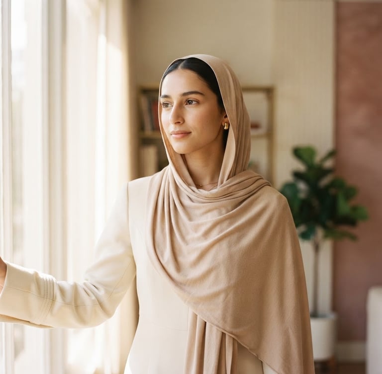 Elegant woman wearing a soft beige modest scarf and a tailored cream sleeve, warm morning window light, shallow depth of field