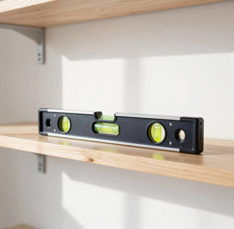 A level tool resting perfectly on a newly mounted wooden shelf in a bright modern apartment, sharp focus, 35mm lens, bright natural indoor daylight, clean high-contrast tones