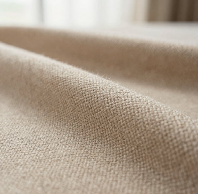Close-up macro shot of premium deadstock wool fabric texture, showing the intricate weave and rich oatmeal color under soft window light.