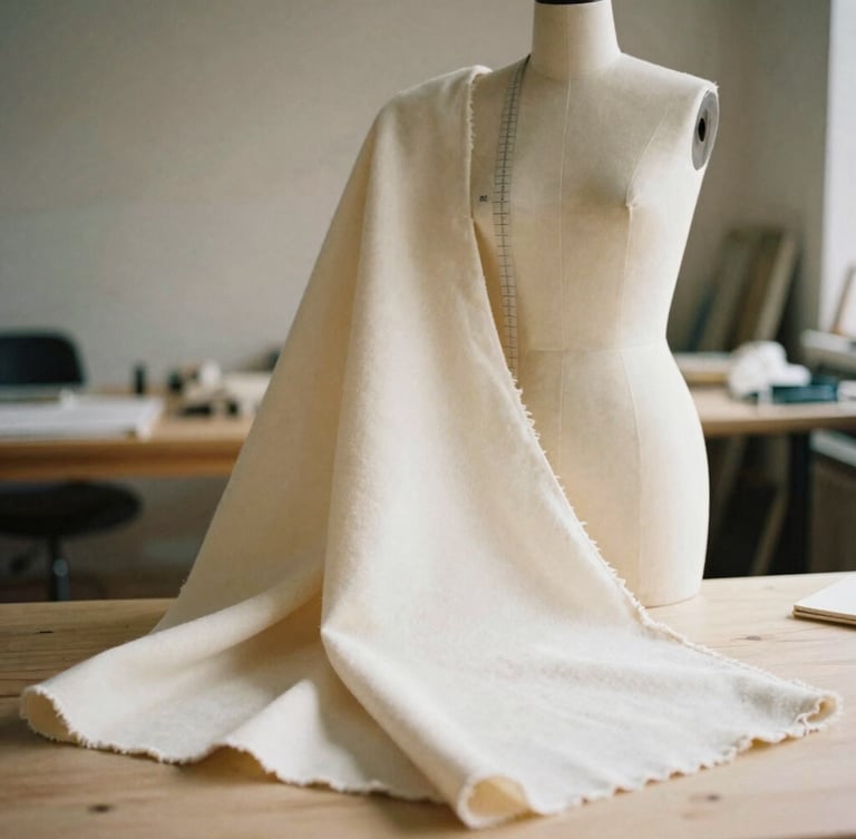 Medium shot of a tailor draping cream wool fabric on a minimalist mannequin in a sunlit studio, warm sandy tones, shallow depth of field, 35mm film