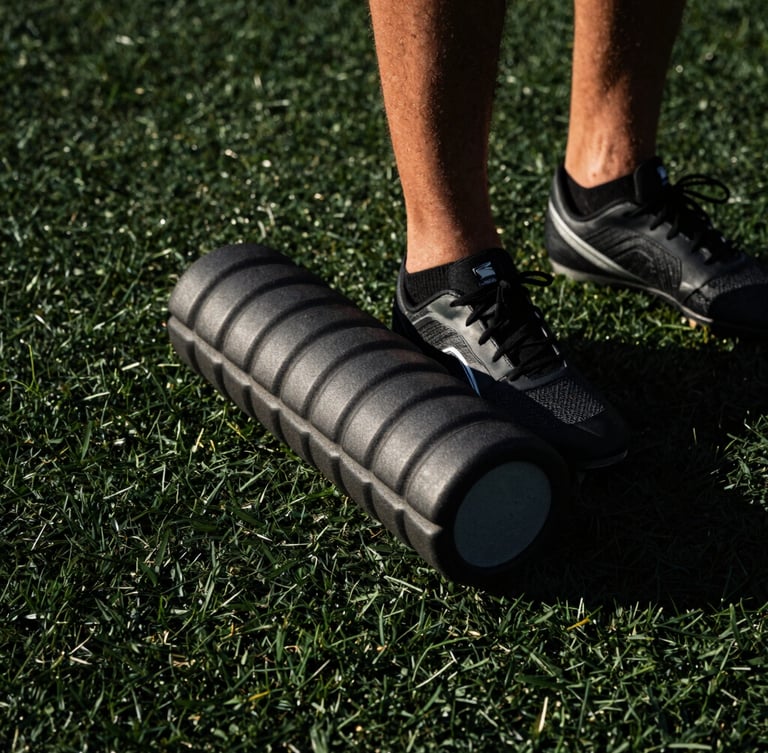 Tight crop on a foam roller and cleats on dark gym turf, harsh dramatic lighting, high contrast.