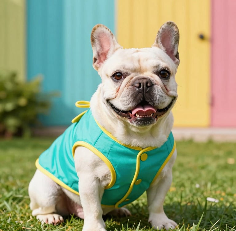 Vibrant pet photography, eye-level medium shot of a happy French Bulldog looking at the camera, wearing a custom-tailored bright teal vest with yellow trim, sunny outdoor park background, rich saturated tones.