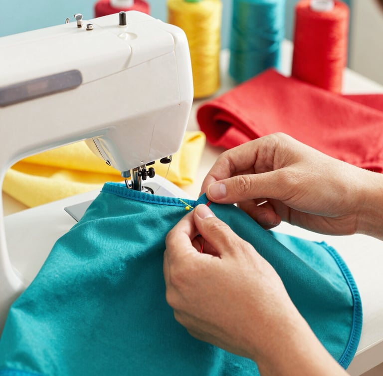 Close-up of hands carefully stitching a vibrant teal pet vest with a sewing machine, colorful threads and soft fabrics in the background, warm natural light
