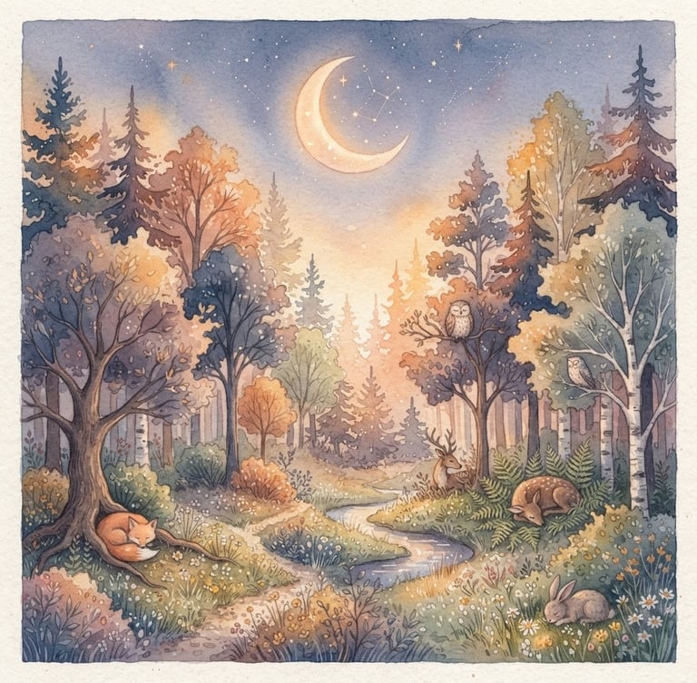 Dreamy watercolor illustration of a sleeping forest under a soft crescent moon, warm diffused golden-hour light, muted warm pastel tones, delicate paper texture, atmospheric