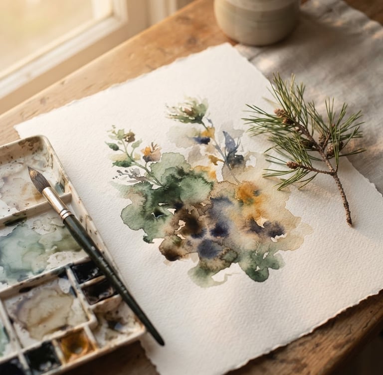 Overhead soft-focus shot of watercolor paint pooling on textured cotton paper, delicate pine branch resting beside the palette, warm morning window light