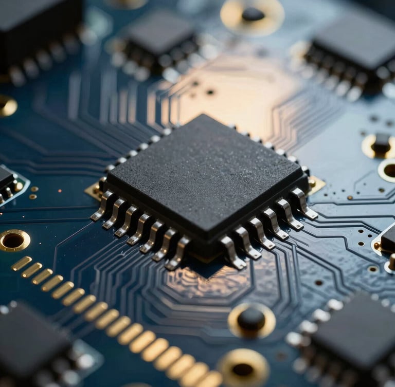 Macro close-up of custom electronic circuitry overlaid with cool-toned laboratory backlighting, sharp focus on gold contacts and microchips, cinematic scientific photography.