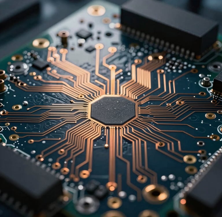High-contrast macro photograph of a complex multilayered circuit board, cool-toned laboratory backlighting, warm golden sunrise-orange light tracing the copper pathways, sharp technical focus.