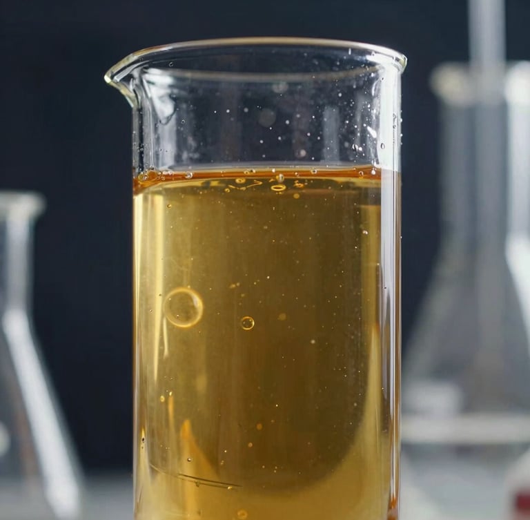 Macro shot of glass laboratory vessel containing a vibrant gold functional sports beverage, backlit by cool laboratory light with sharp reflections.