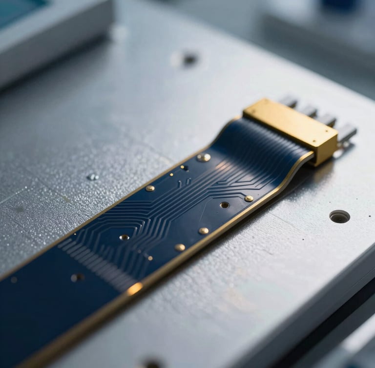 Macro photograph of a flexible biosensor circuit board resting on silver metallic mesh, cool-toned laboratory backlighting with a sharp gold light accent.