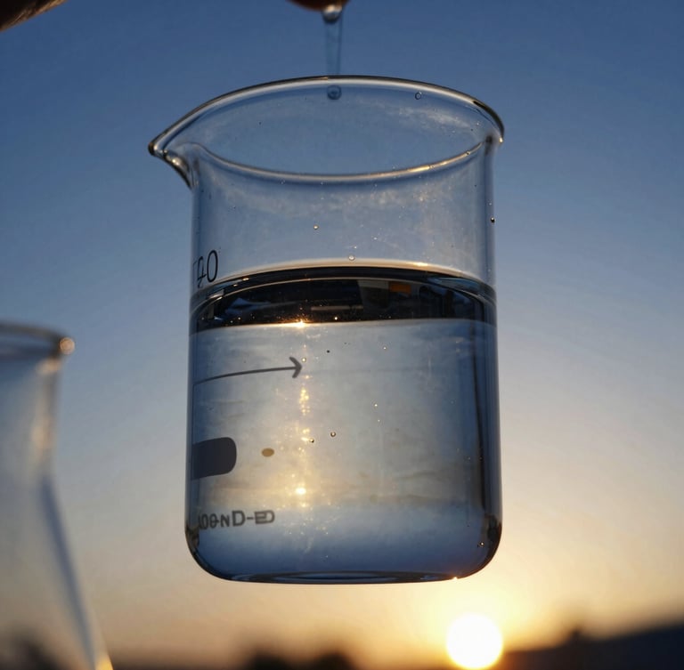 Close-up of laboratory glassware containing a clear formulation, backlit by cool blue light with a warm golden sunrise horizon visible in the background.