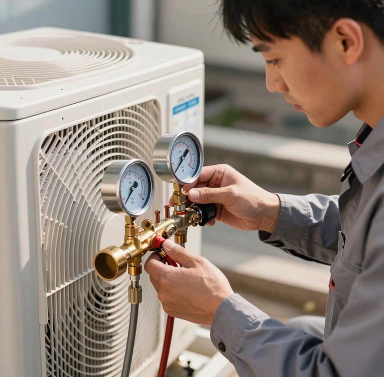 Tight technical close-up of a professional technician in a clean slate-gray uniform adjusting a brass manifold pressure gauge on an outdoor air conditioning condenser unit, bright natural afternoon sunlight.