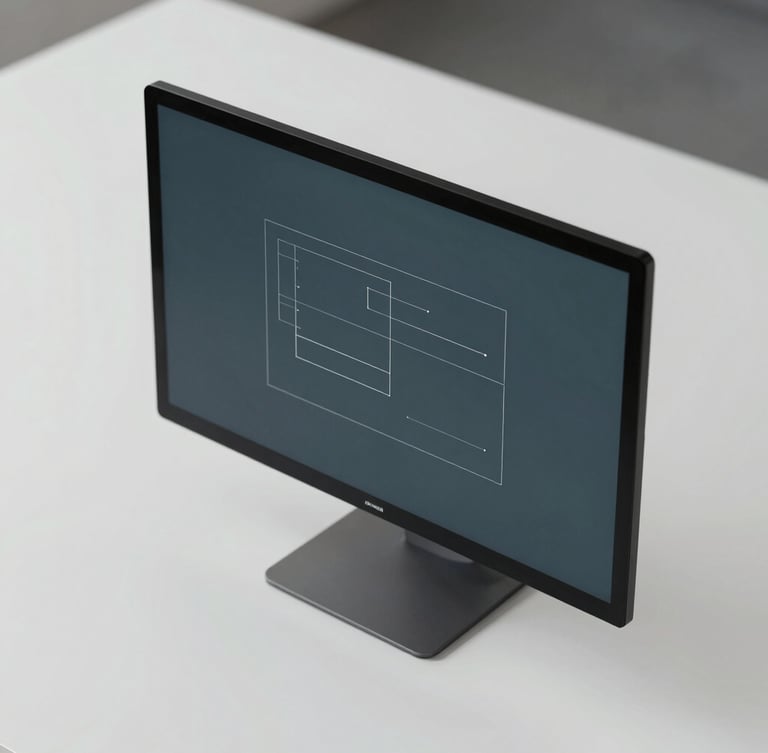Clean overhead angle of a minimalist workspace with a single high-contrast vector chart on a monitor, soft diffused daylight, desaturated slate tones