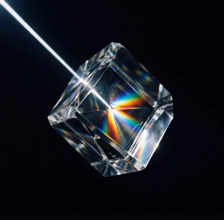 Macro shot of optical glass refracting sharp white light, deep obsidian background, dark editorial photography, 35mm lens