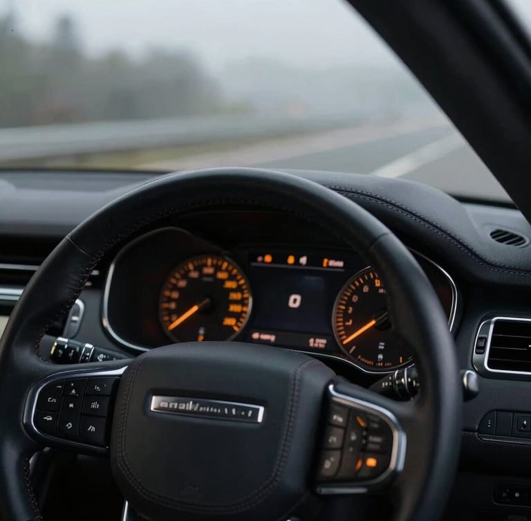 Cinematic close-up of a premium black SUV dashboard, sharp amber instrument lighting, clean leather stitching, early morning highway mist visible through the windshield.