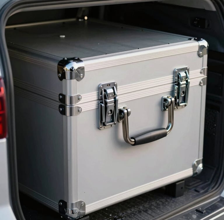 Close-up of a secure, pristine aluminum transport case locked inside a premium vehicle compartment, dramatic lighting, sharp details.