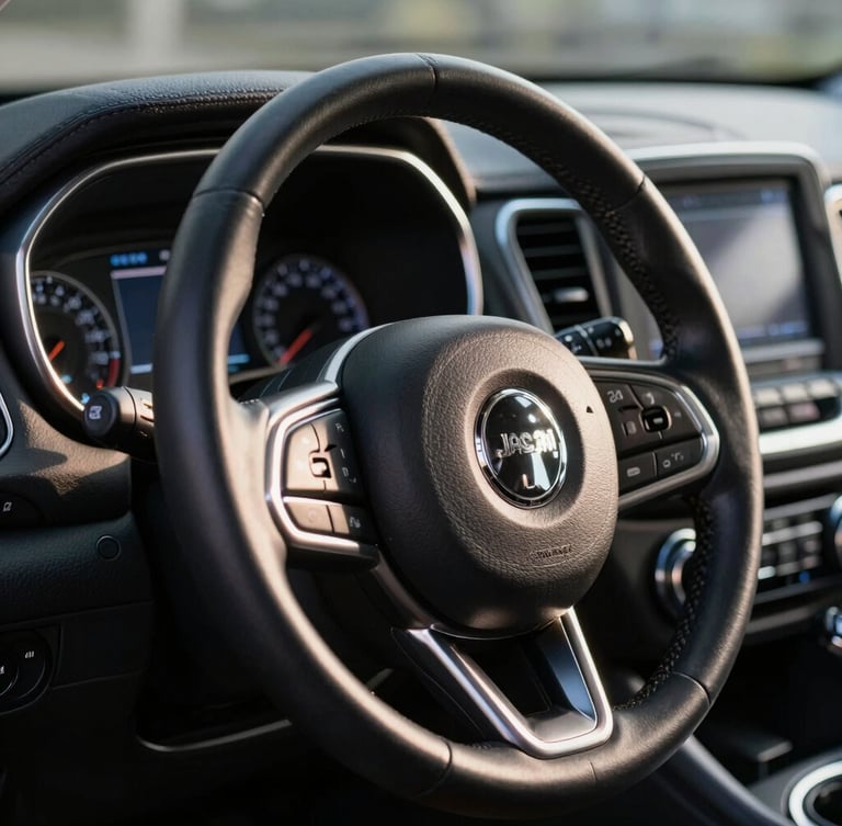 Tight cinematic close-up of a polished black Jeep Compass leather steering wheel and clean digital dashboard, dramatic high-contrast morning light, shallow depth of field, reflecting absolute corporate discipline.
