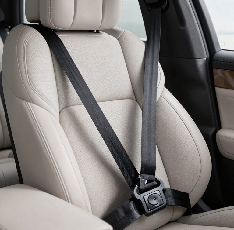 Close-up of a premium SUV leather seat with a secure, professional pet safety harness system, clean minimalist interior, soft natural lighting
