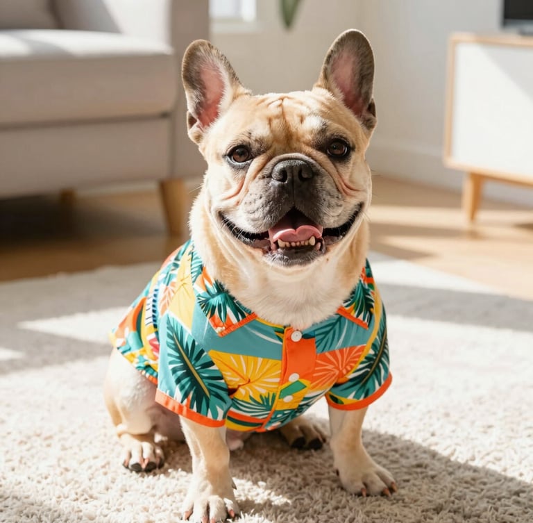 Bright high-key lifestyle photography of a happy, unique-sized French Bulldog wearing a colorful custom-fit tropical shirt, sitting comfortably on a sunny living room rug, looking up at the camera, warm natural daylight.