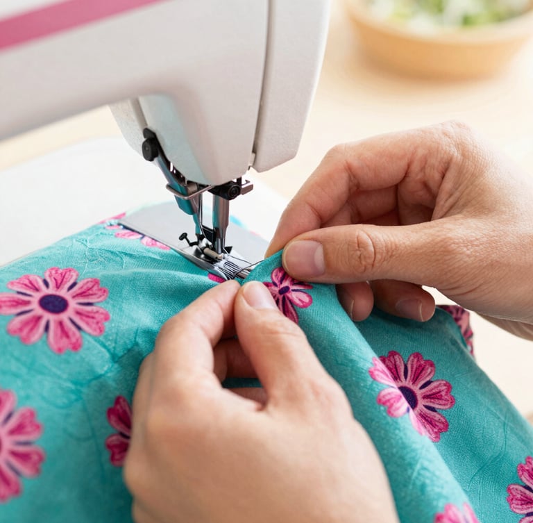 Close-up of artisan hands carefully stitching a vibrant teal fabric with pink floral patterns, sewing machine in soft focus, bright natural light, showing the premium handmade quality