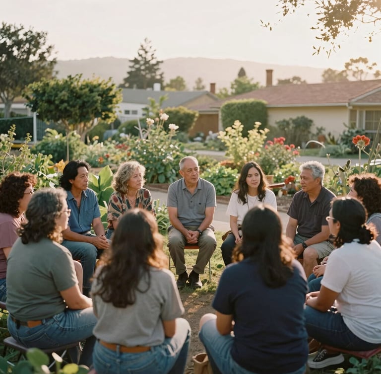 A portrait shot of diverse neighbors sitting in a circle in a sunlit community garden in California, sharing stories under soft golden-hour light