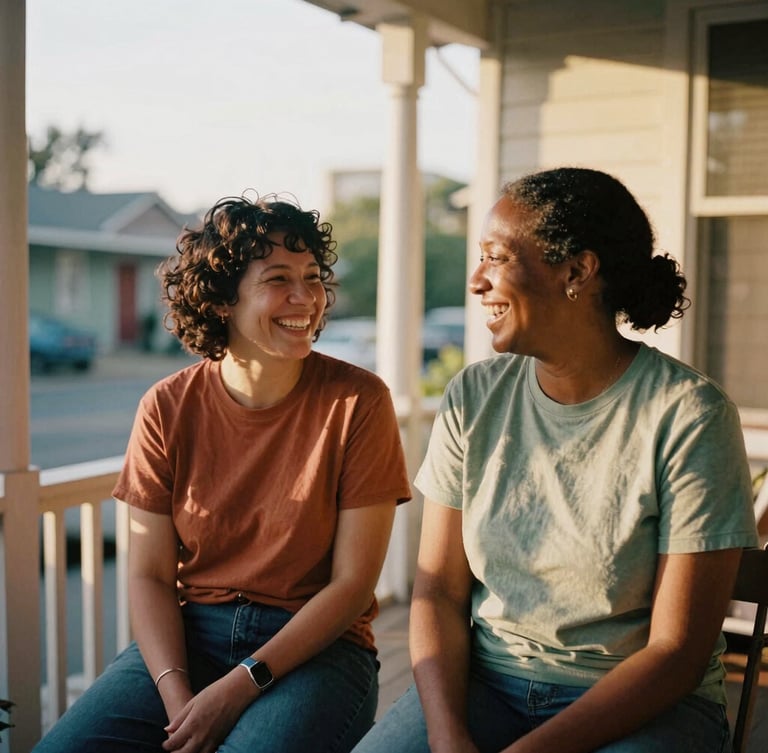 A warm editorial portrait of two community organizers laughing together on a sunlit neighborhood porch in Oakland, soft golden-hour light, rich terracotta and sage tones, 35mm film style.