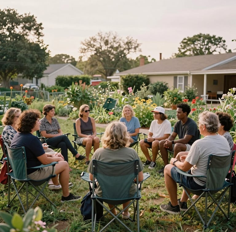 Wide environmental shot of a diverse group of neighbors sitting in a circle on folding chairs in a warm, sunlit community garden, sharing stories, soft overcast daylight, 35mm film style.