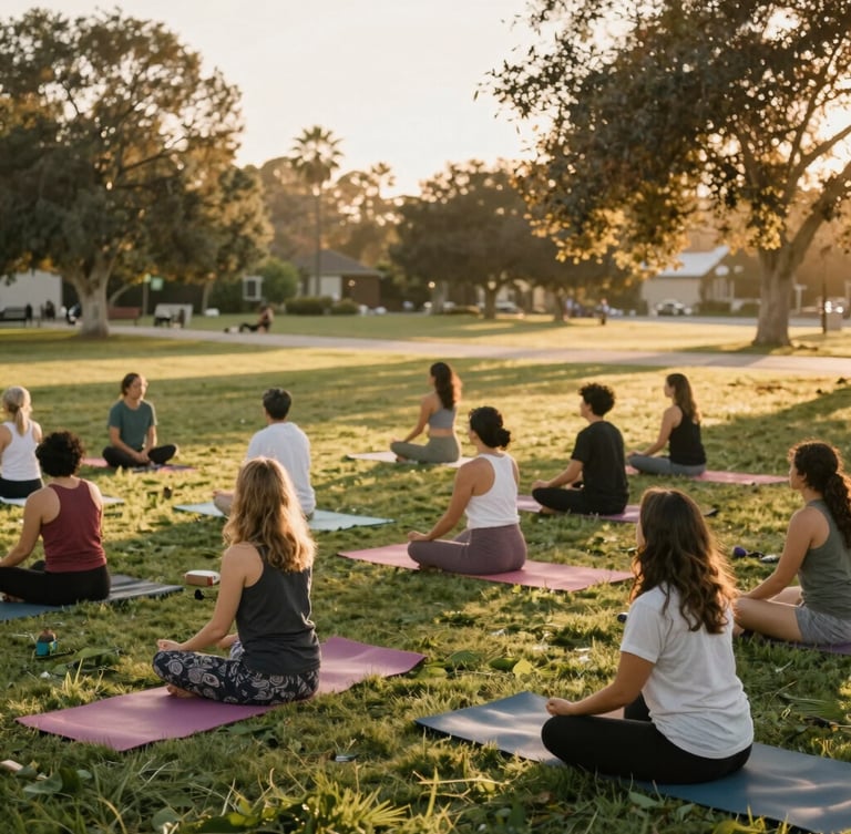 Medium-wide environmental shot of diverse neighbors participating in a gentle morning yoga session in a sunny California park, soft golden-hour light, warm editorial style.