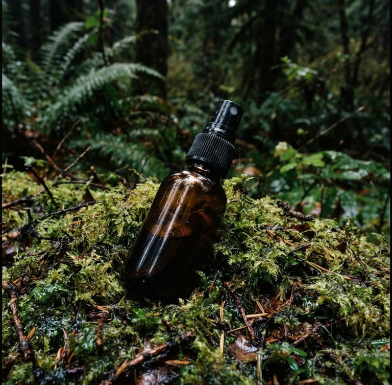 Macro close-up of amber spray bottle resting on damp mossy forest ground, overcast daylight, deep forest green background, 35mm film style