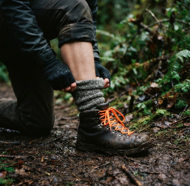 Macro shot of a hiker adjusting high wool socks on a muddy trail, deep forest green foliage, safety orange boot laces, overcast damp daylight, 35mm film.