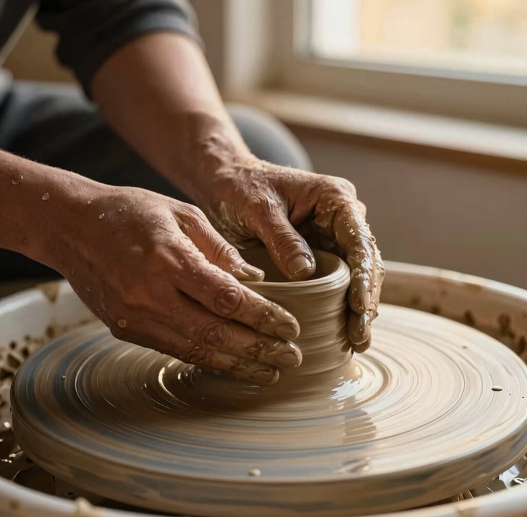 Close-up of potter's hands shaping wet terracotta clay on a spinning wheel, soft warm golden-hour window light, water droplets, tactile ceramic texture, shallow depth of field, 35mm