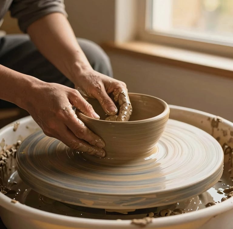 Hands shaping a wet clay bowl on a pottery wheel, warm golden-hour window light, tactile ceramic textures, 35mm