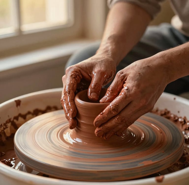 Close-up of hands shaping wet clay on a spinning pottery wheel, rich terracotta mud splattering softly, warm golden-hour window light, shallow depth of field