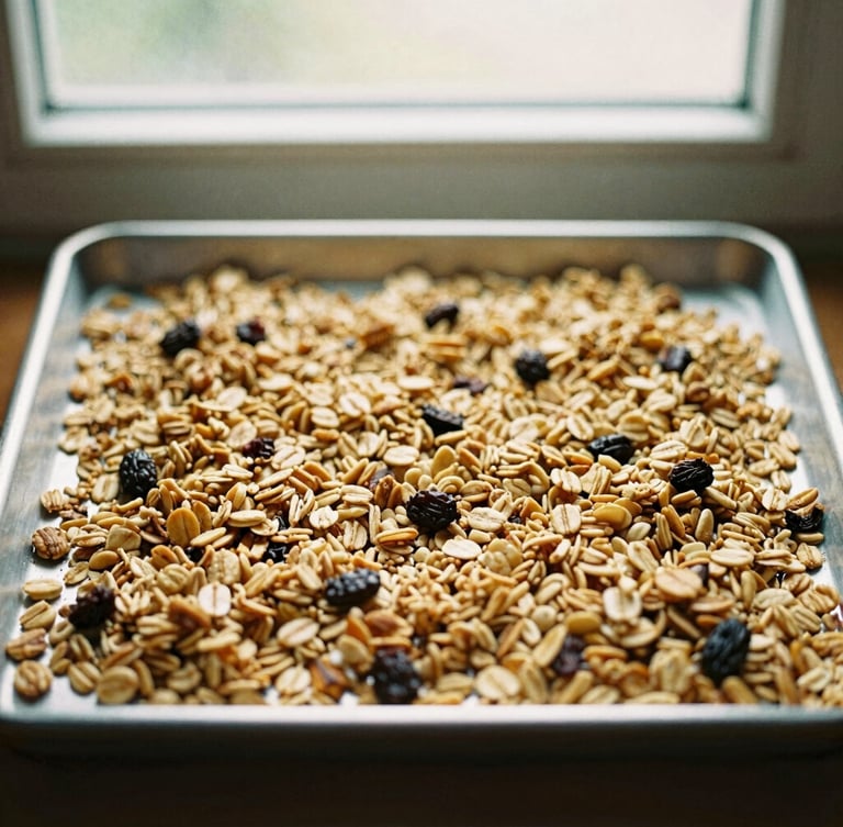 Overhead flat-lay of golden baked granola cooling on a metal sheet pan, warm morning window light, earthy tones, 35mm film