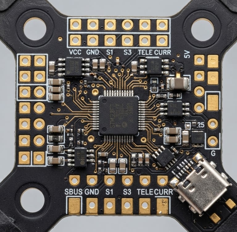 Macro close-up of a high-performance FPV drone flight controller board, showing gold-plated solder pads and microchips on a matte black PCB, bright technical studio lighting