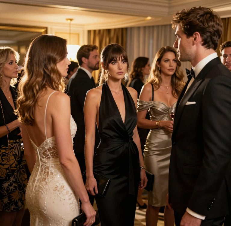 A high-fashion VIP crowd candid in a low-light luxury suite, warm gold backlighting