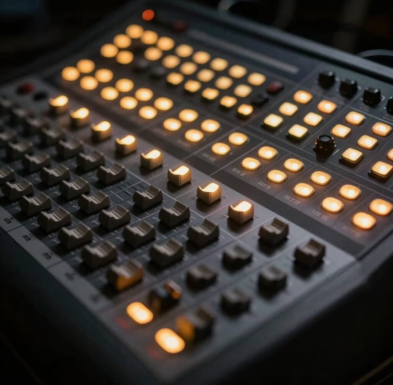 Close-up of professional concert soundboard and lighting console, glowing gold indicators, dark background, shallow depth of field