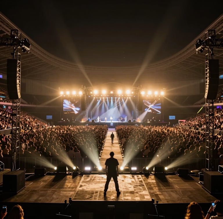 Wide-angle view of a massive arena concert stage from behind the artist, dramatic gold spotlights cutting through deep shadows, huge crowd silhouettes, high-end stage production.