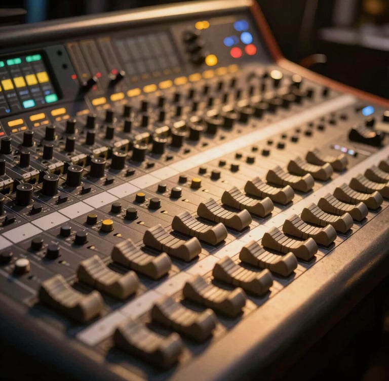 Close-up of high-end stage production details, warm gold backlighting on intricate audio mixing consoles, deep shadows.