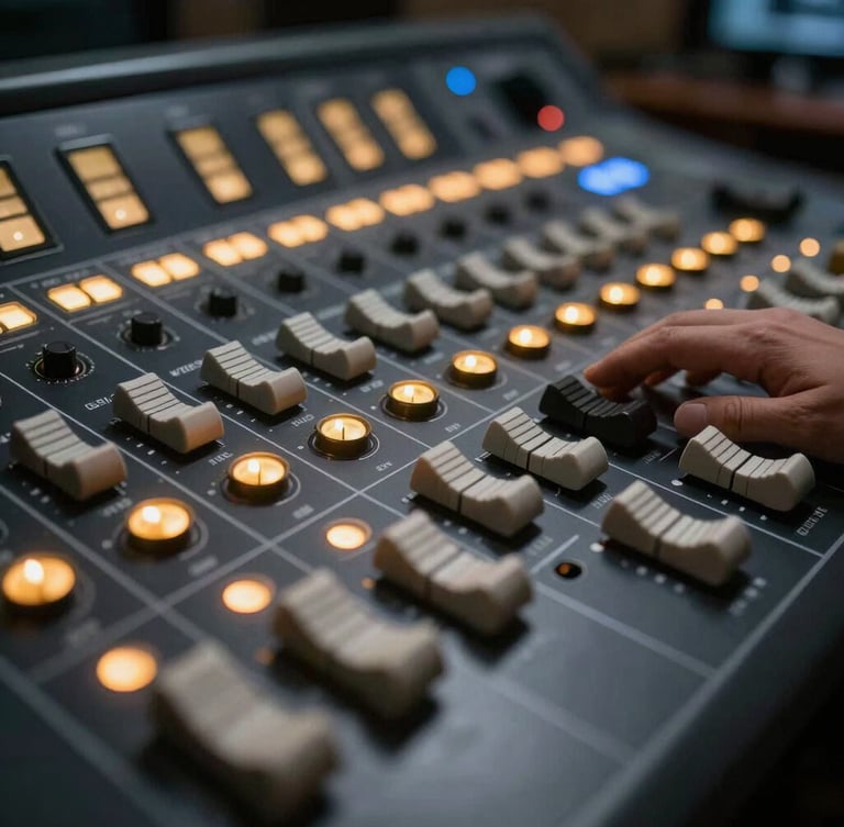 Close-up of a high-end soundboard with glowing gold indicators in a dark control booth