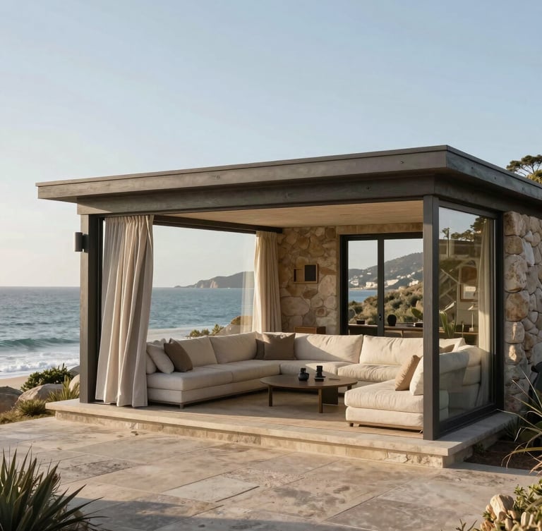 Wide-angle view of a coastal living pavilion in Clifton, open to the sea breeze, styled with neutral linens and organic stone elements.
