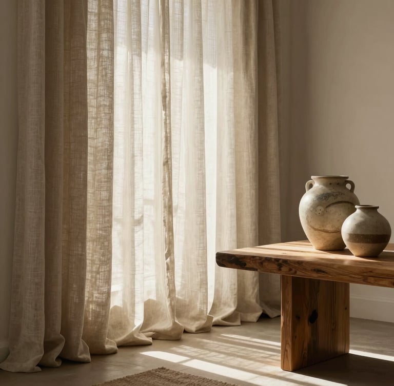 Warm morning light spilling across a beautifully styled living room in Cape Town, featuring textured linen drapes, curated local stoneware on a raw timber table, and soft shadows.