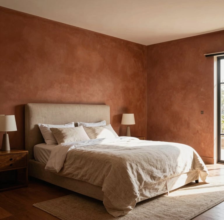 Sun-drenched heritage bedroom in Johannesburg, featuring high ceilings, a bespoke linen-upholstered bed, and warm clay plaster walls.
