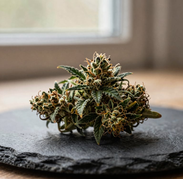 Macro close-up of a vibrant trichome-rich cannabis bud resting on a dark slate stone, soft natural window light, muted forest green tones, shallow depth of field