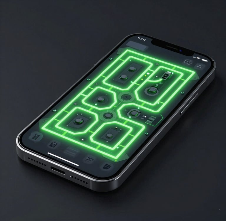 Sleek 3d render of a smartphone displaying an isometric strategy game interface, neon green glowing pathways, dark tech aesthetic, octane render, sharp focus