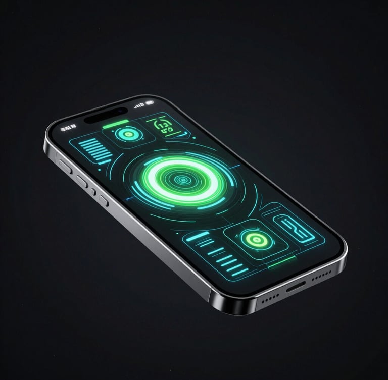 Sleek 3D render of a futuristic smartphone floating in dark space, glowing neon green and electric blue interface elements on screen, sharp focus, octane render