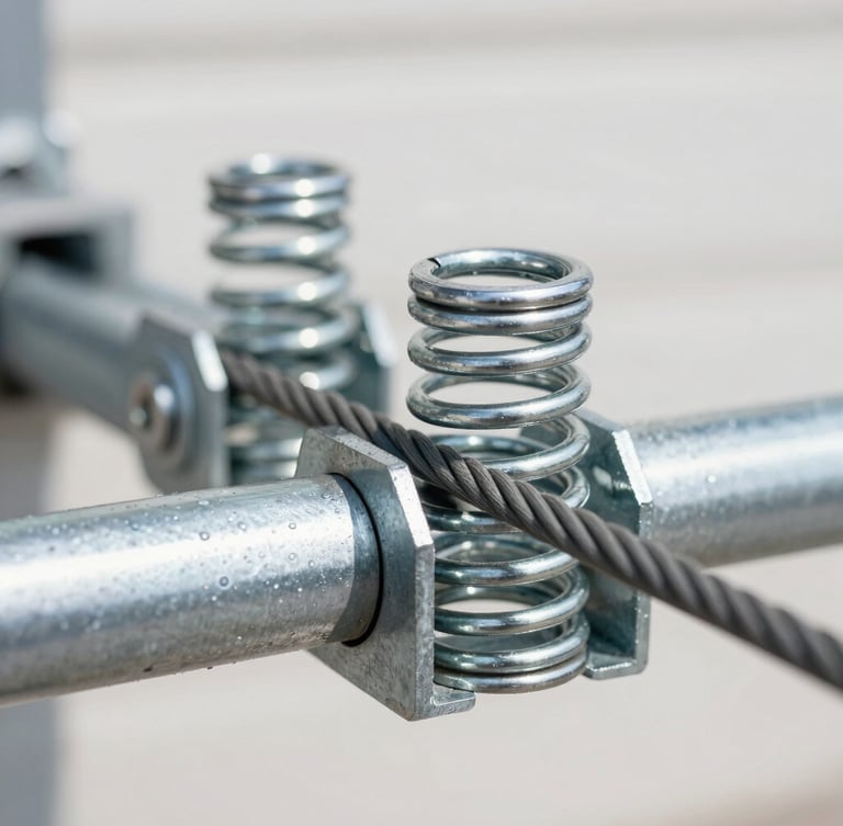 Close-up macro shot of heavy-duty galvanized steel torsion springs and cables on a garage door shaft, clean high-contrast industrial lighting, sharp focus, 35mm
