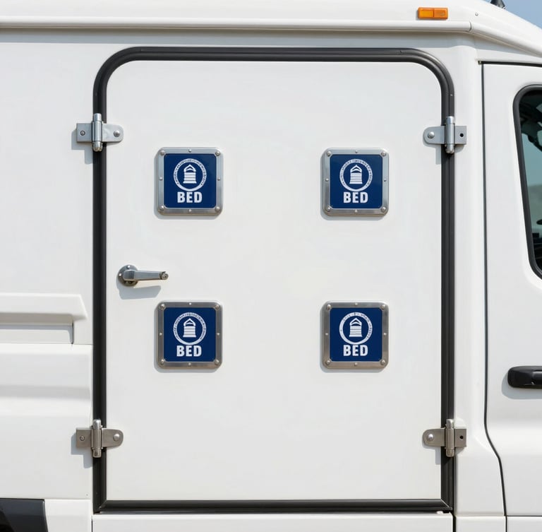 Close-up of a secure armored transport vehicle door with official security seals and steel locks, bright professional daylight, sharp focus.