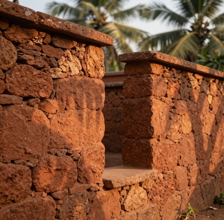 Warm editorial photography of a close-up of red laterite stone walls of a Konkan homestay, golden-hour sunlight casting palm tree shadows, earthy textures, shallow depth of field.